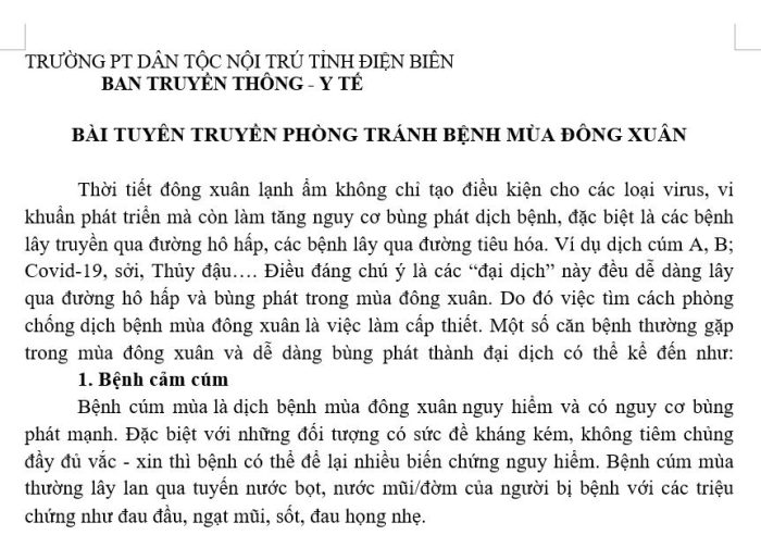 BÀI TUYÊN TRUYỀN PHÒNG TRÁNH BỆNH MÙA ĐÔNG XUÂN