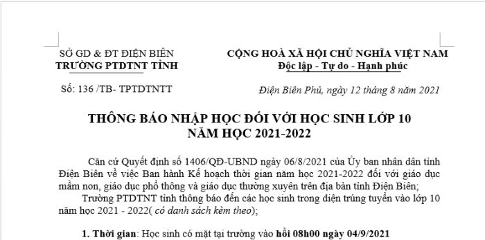 THÔNG BÁO NHẬP HỌC ĐỐI VỚI HỌC SINH LỚP 10 NĂM HỌC 2021-2022