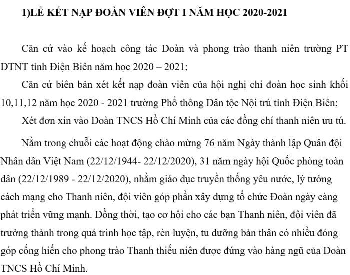 LỄ KẾT NẠP ĐOÀN VIÊN ĐỢT I NĂM HỌC 2020-2021