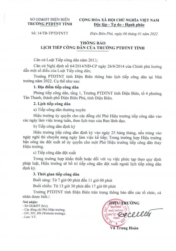 THÔNG BÁO LỊCH TIẾP CÔNG DÂN CỦA TRƯỜNG PTDTNTT
