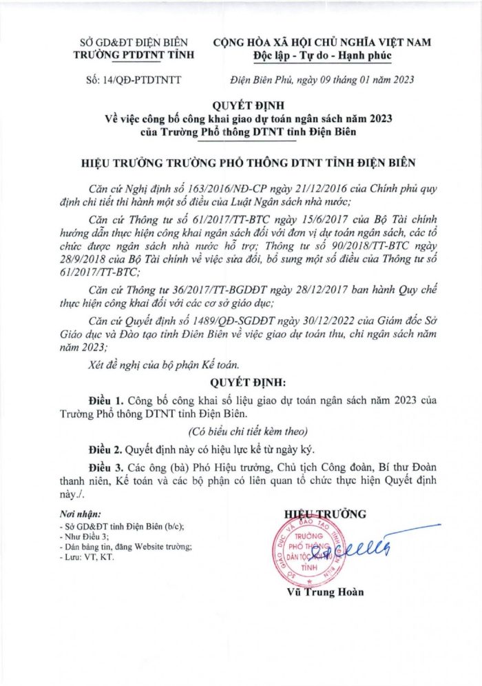 14  quyết định công bố công khai dự toán ngân sách năm 2023 của trường PTDTNT tỉnh Điện Biên  page 0001