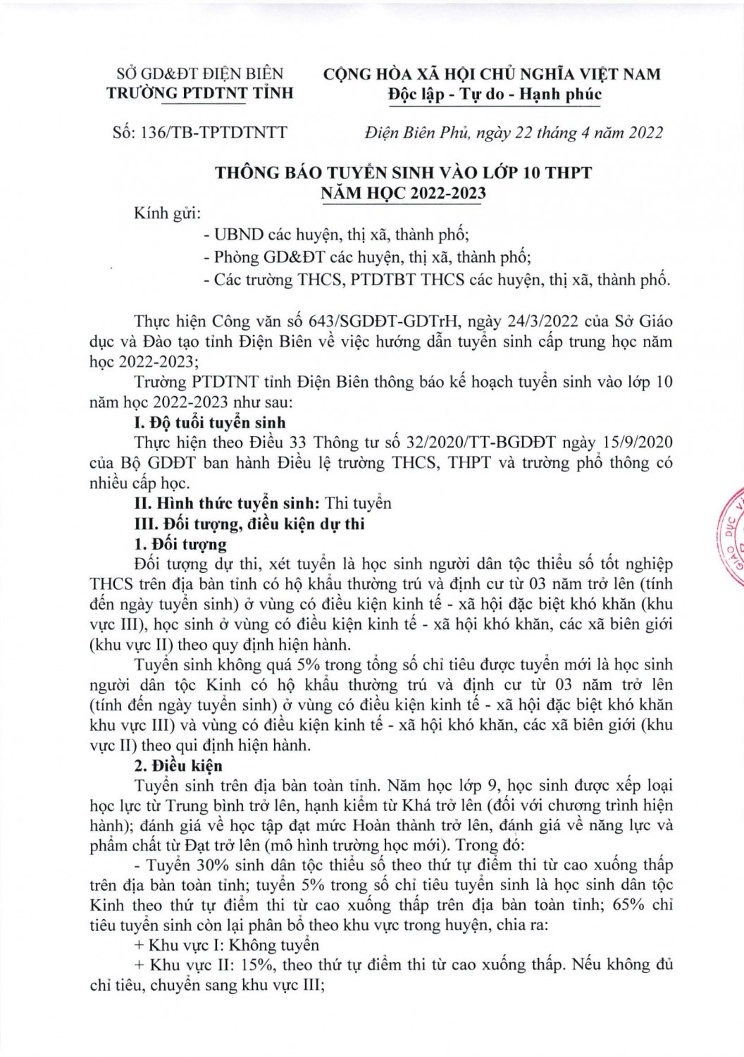Thông báo tuyển sinh vào lớp 10 năm học 2022-2023 của Trường PTDTNT tỉnh Điện Biên